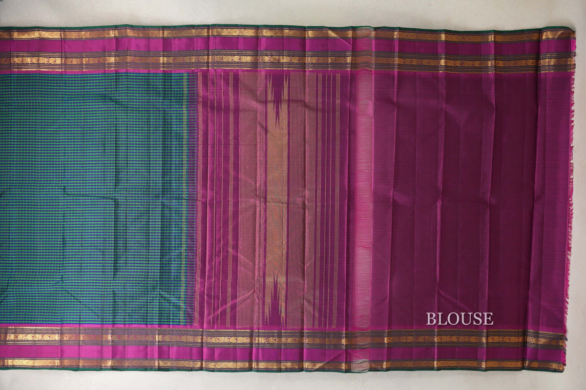 Deep Blue with Green Stripes with Deep Magenta Borders with Green Selvedge Vintage Kanjivaram Silk Saree by Shreenivas Silks PSSR0110217