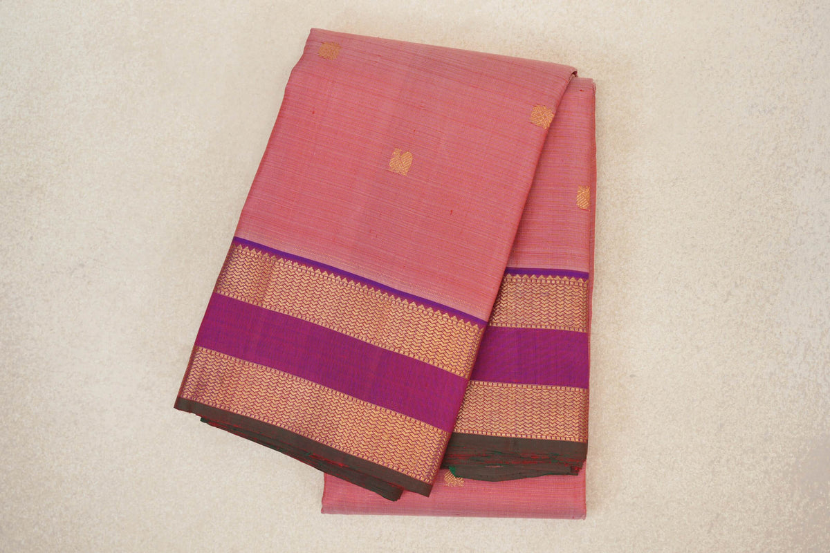 Salmon Pink with Dual Tone of Violet and Orange Reattai Pettu Borders with Dark Green Selvedge Vintage Kanjivaram Silk Saree by Shreenivas Silks PSSR0110218