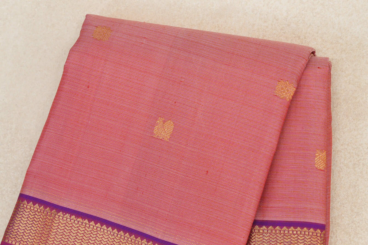 Salmon Pink with Dual Tone of Violet and Orange Reattai Pettu Borders with Dark Green Selvedge Vintage Kanjivaram Silk Saree by Shreenivas Silks PSSR0110218