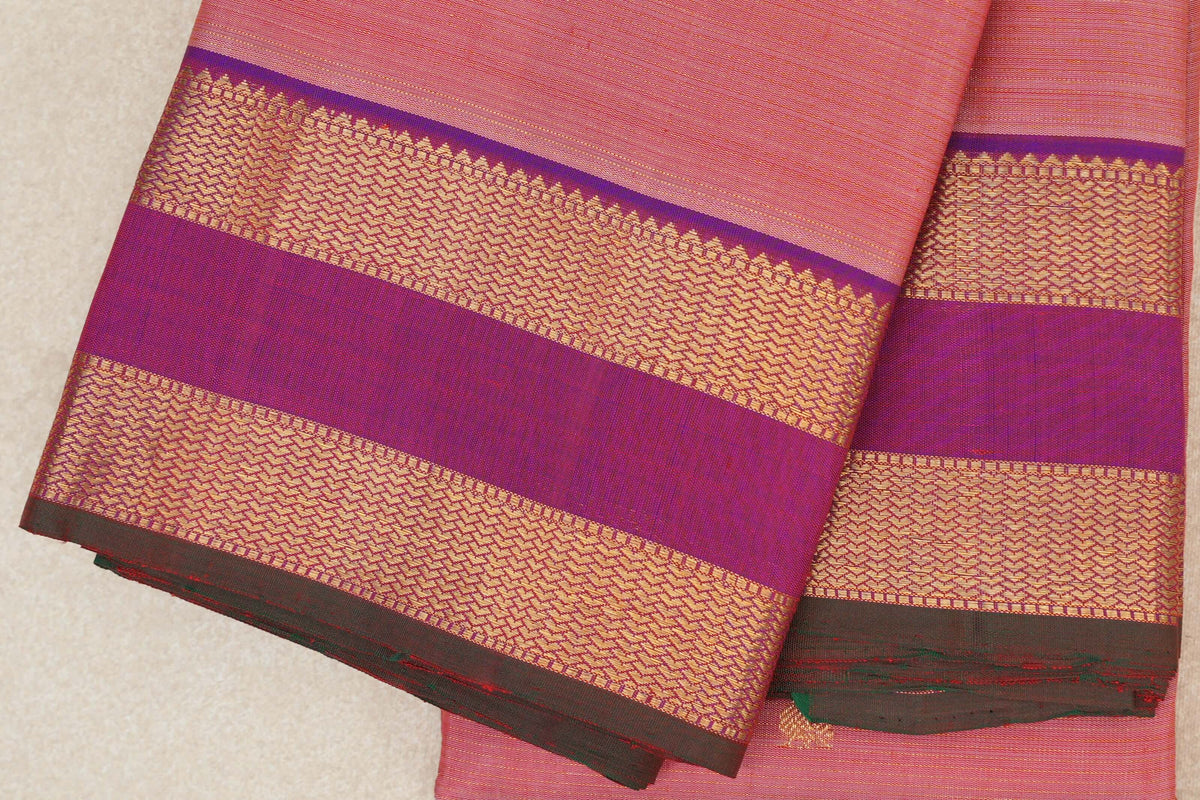 Salmon Pink with Dual Tone of Violet and Orange Reattai Pettu Borders with Dark Green Selvedge Vintage Kanjivaram Silk Saree by Shreenivas Silks PSSR0110218