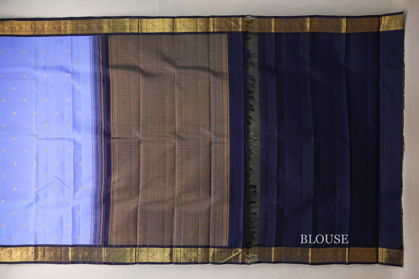 Lavender Blue with Deep Navy Blue Borders Vintage Kanjivaram Silk Saree by Shreenivas Silks PSSR019089