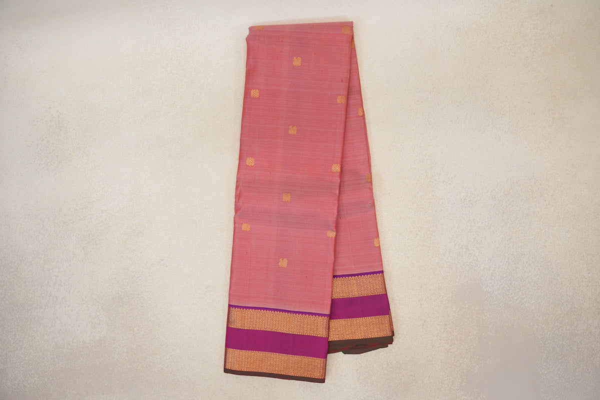 Salmon Pink with Dual Tone of Violet and Orange Reattai Pettu Borders with Dark Green Selvedge Vintage Kanjivaram Silk Saree by Shreenivas Silks PSSR0110218