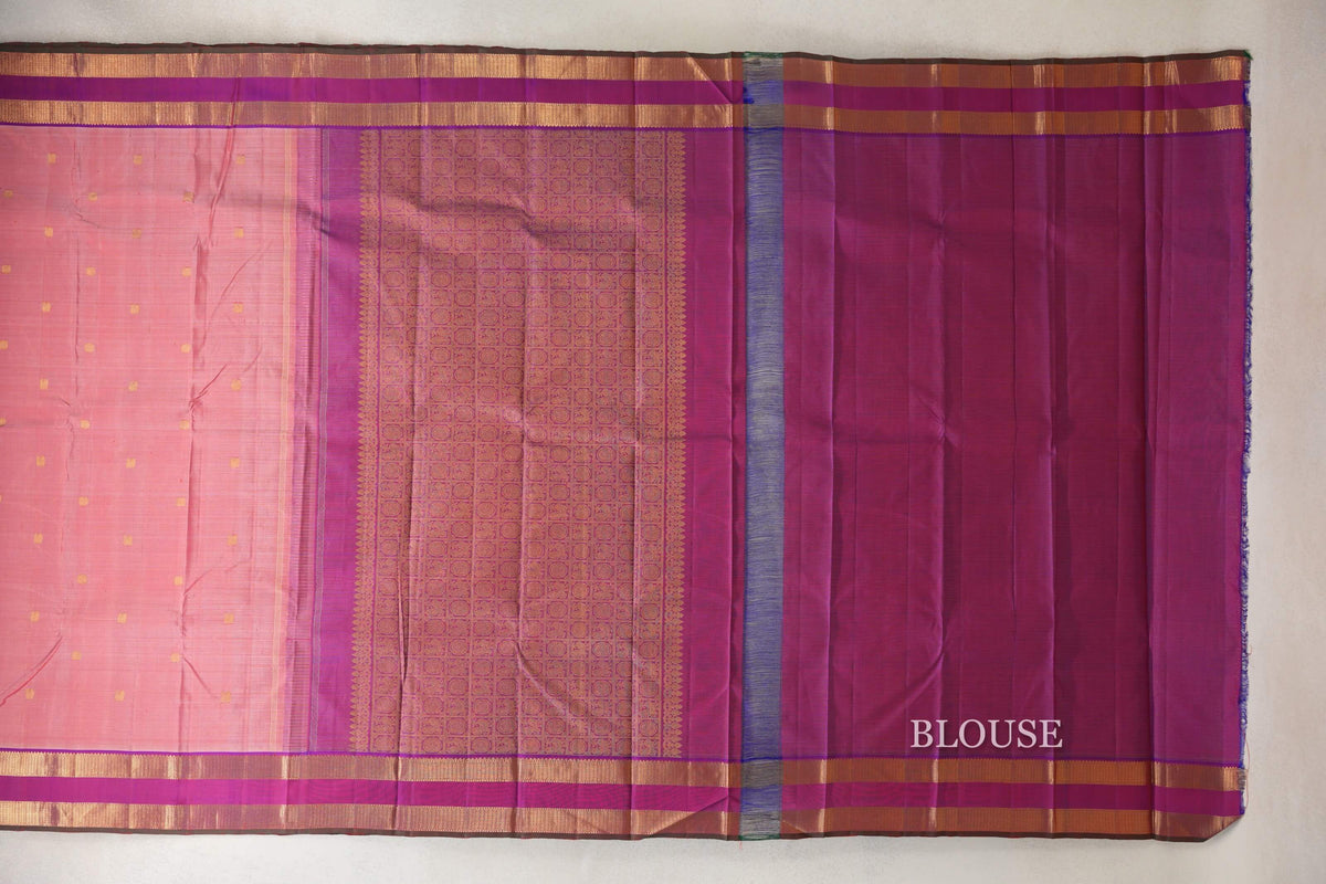 Salmon Pink with Dual Tone of Violet and Orange Reattai Pettu Borders with Dark Green Selvedge Vintage Kanjivaram Silk Saree by Shreenivas Silks PSSR0110218