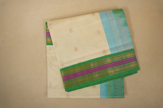 Off-white with Rexona Green Borders Vintage Silk Cotton Saree 