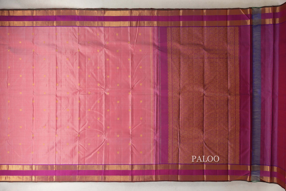 Salmon Pink with Dual Tone of Violet and Orange Reattai Pettu Borders with Dark Green Selvedge Vintage Kanjivaram Silk Saree by Shreenivas Silks PSSR0110218