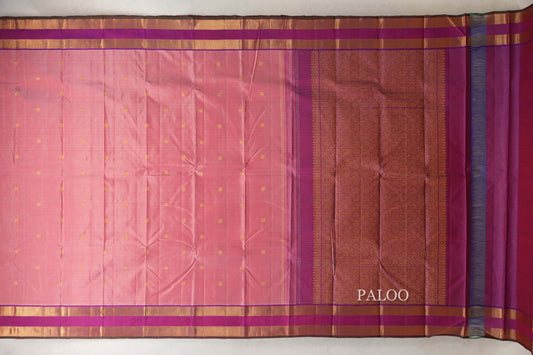 Salmon Pink with Dual Tone of Violet and Orange Reattai Pettu Borders with Dark Green Selvedge Vintage Kanjivaram Silk Saree by Shreenivas Silks PSSR0110218
