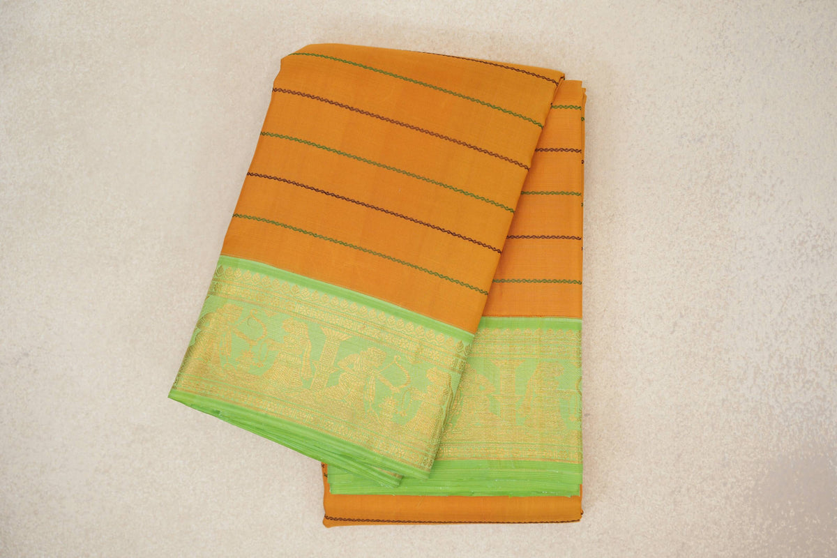 Mango Yellow with Pastel Green Borders Beldhary Vintage Kanjivaram Silk Saree by Shreenivas Silks PSSR0110219