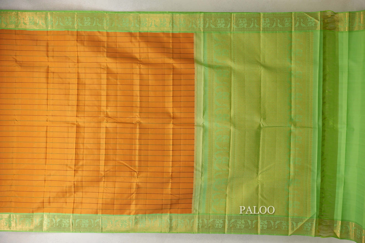 Mango Yellow with Pastel Green Borders Beldhary Vintage Kanjivaram Silk Saree by Shreenivas Silks PSSR0110219