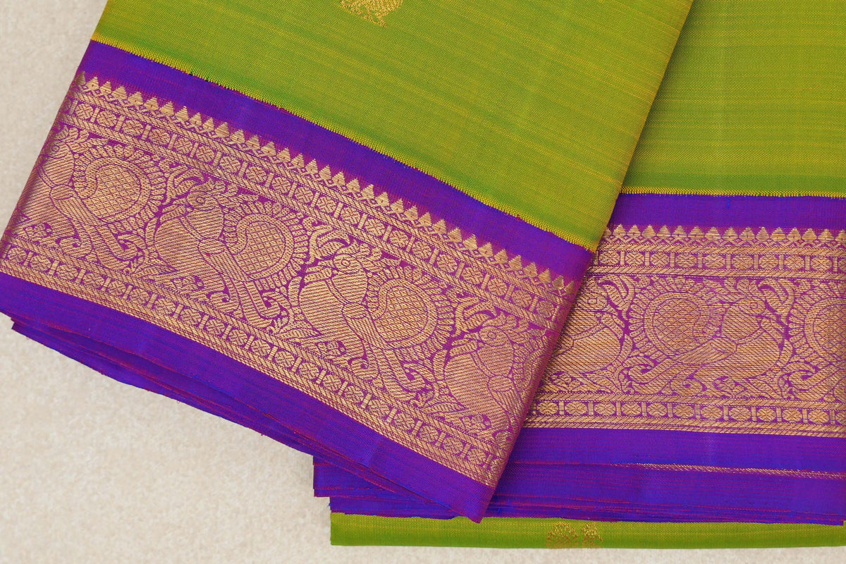 Dual Tone of Yellow and Green with Royal Purple Borders Vintage Kanjivaram Silk Saree by Shreenivas Silks PSSR0110220