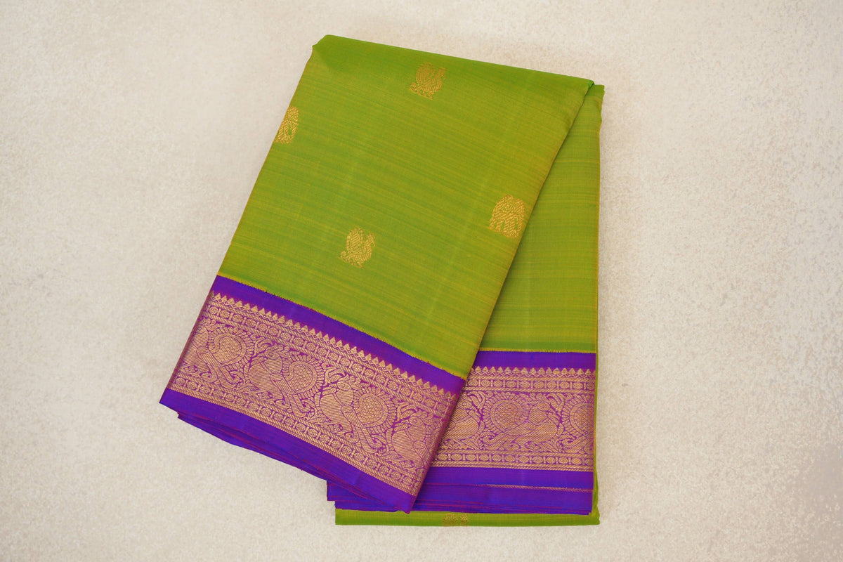 Dual Tone of Yellow and Green with Royal Purple Borders Vintage Kanjivaram Silk Saree by Shreenivas Silks PSSR0110220