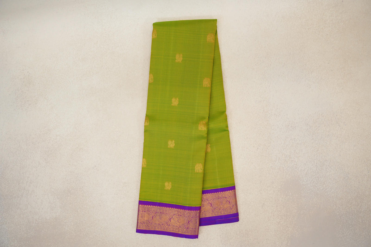 Dual Tone of Yellow and Green with Royal Purple Borders Vintage Kanjivaram Silk Saree by Shreenivas Silks PSSR0110220