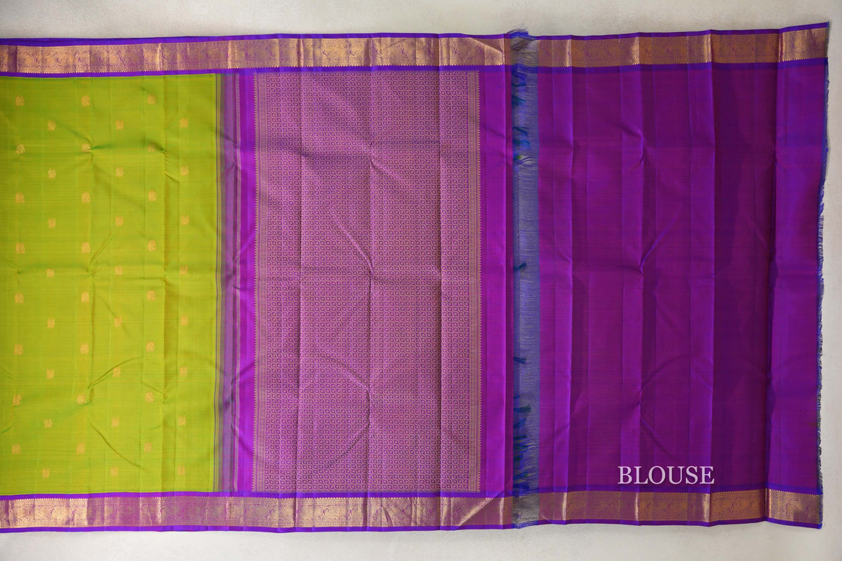 Dual Tone of Yellow and Green with Royal Purple Borders Vintage Kanjivaram Silk Saree by Shreenivas Silks PSSR0110220