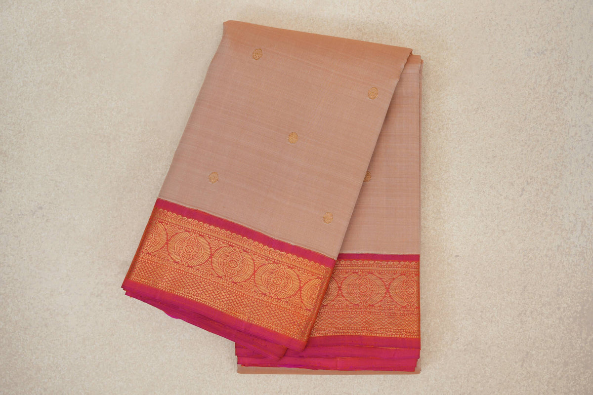 Sandal Beige with Orangish Pink Borders Vintage Kanjivaram Silk Saree by Shreenivas Silks PSSR0110221