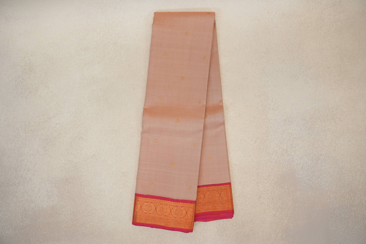 Sandal Beige with Orangish Pink Borders Vintage Kanjivaram Silk Saree by Shreenivas Silks PSSR0110221