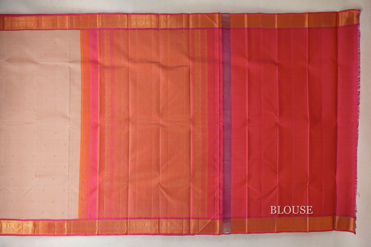 Sandal Beige with Orangish Pink Borders Vintage Kanjivaram Silk Saree by Shreenivas Silks PSSR0110221