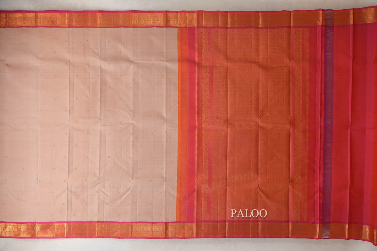 Sandal Beige with Orangish Pink Borders Vintage Kanjivaram Silk Saree by Shreenivas Silks PSSR0110221