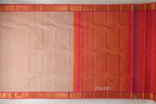 Sandal Beige with Orangish Pink Borders Vintage Kanjivaram Silk Saree by Shreenivas Silks PSSR0110221