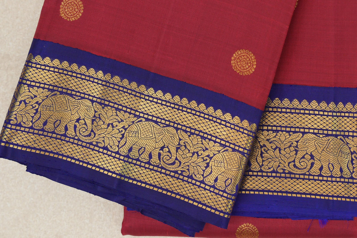 Crimson Red with Deep Blue Borders Vintage Kanjivaram Silk Saree by Shreenivas Silks PSSR0110222