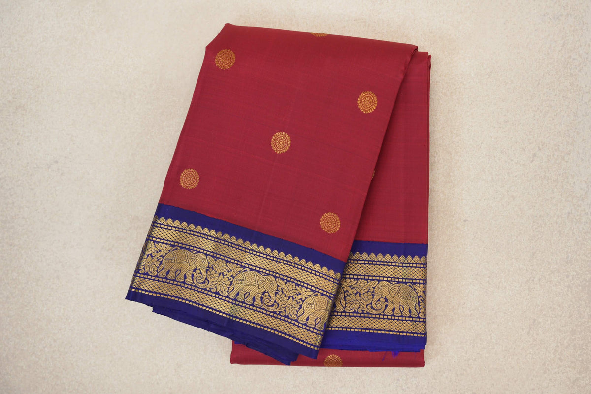 Crimson Red with Deep Blue Borders Vintage Kanjivaram Silk Saree by Shreenivas Silks PSSR0110222