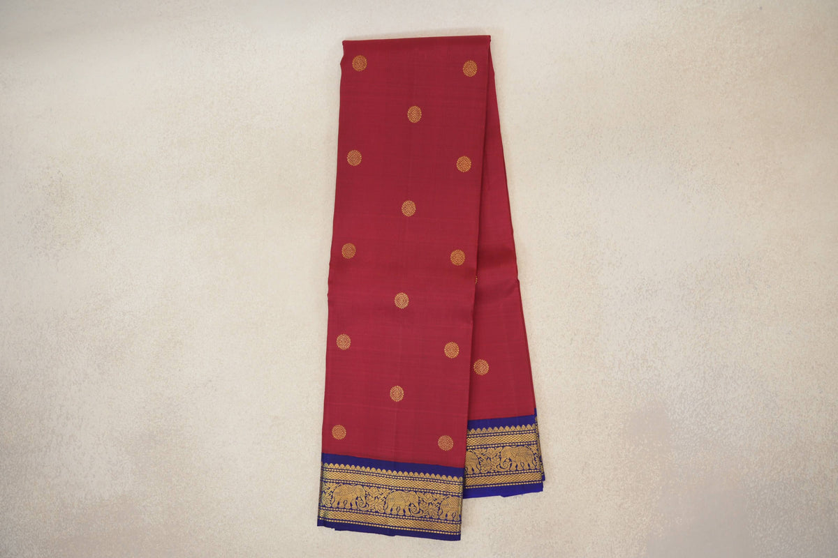 Crimson Red with Deep Blue Borders Vintage Kanjivaram Silk Saree by Shreenivas Silks PSSR0110222