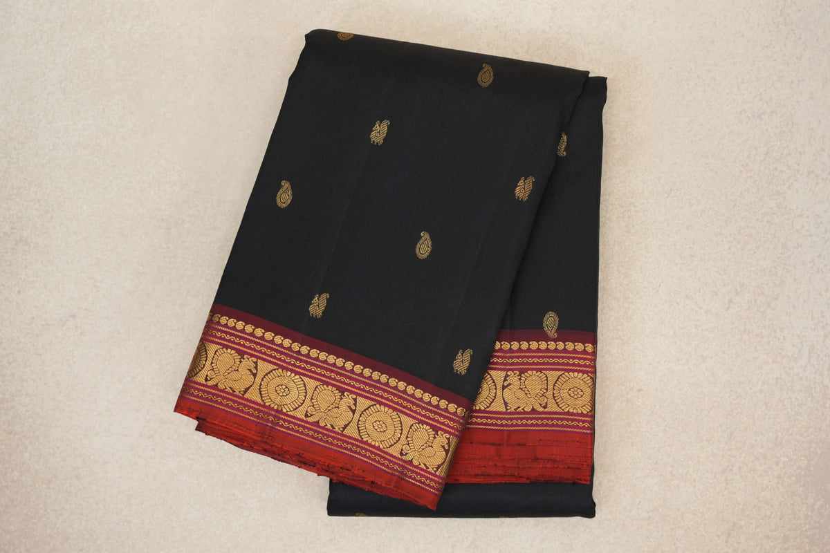 Black with Deep Maroon Borders with Deep Orange Selvedge Vintage Kanjivaram Silk Saree by Shreenivas Silks PSSR0110224