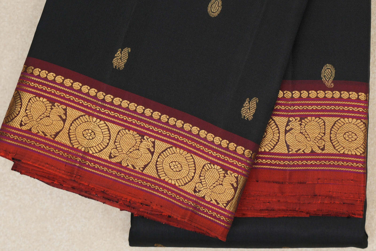 Black with Deep Maroon Borders with Deep Orange Selvedge Vintage Kanjivaram Silk Saree by Shreenivas Silks PSSR0110224