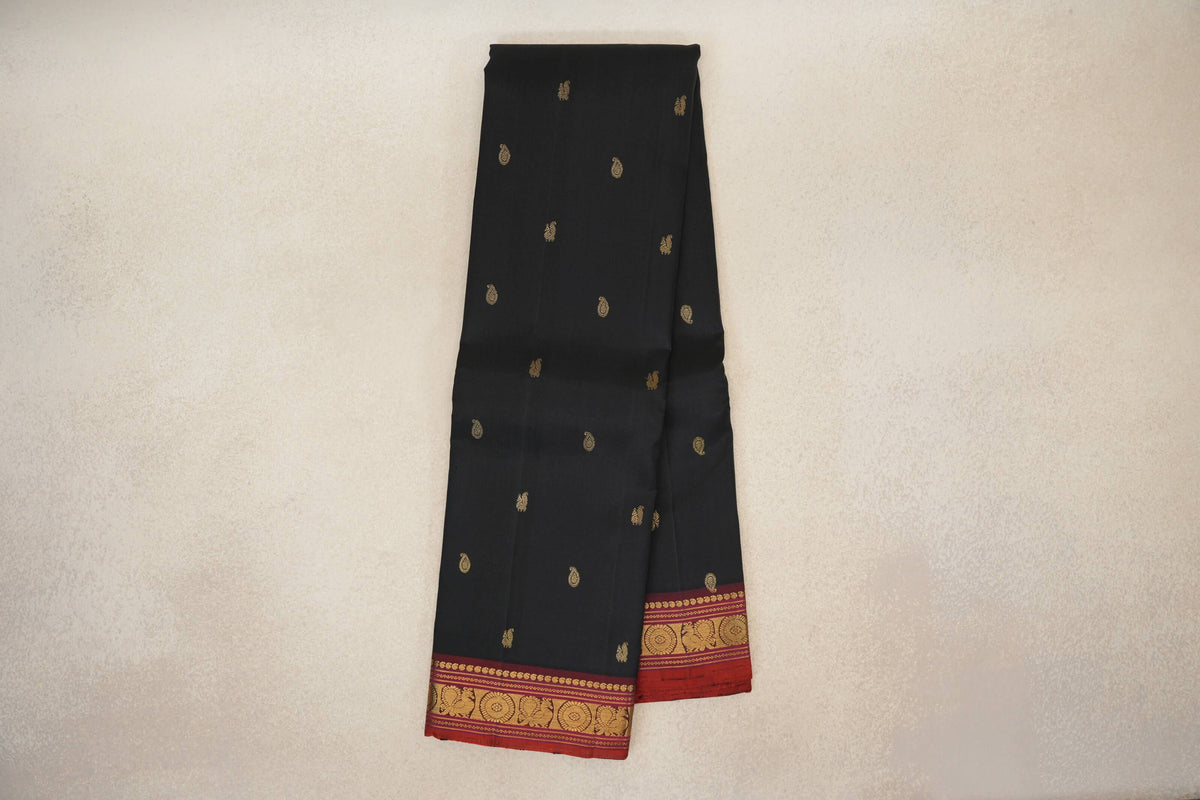 Black with Deep Maroon Borders with Deep Orange Selvedge Vintage Kanjivaram Silk Saree by Shreenivas Silks PSSR0110224