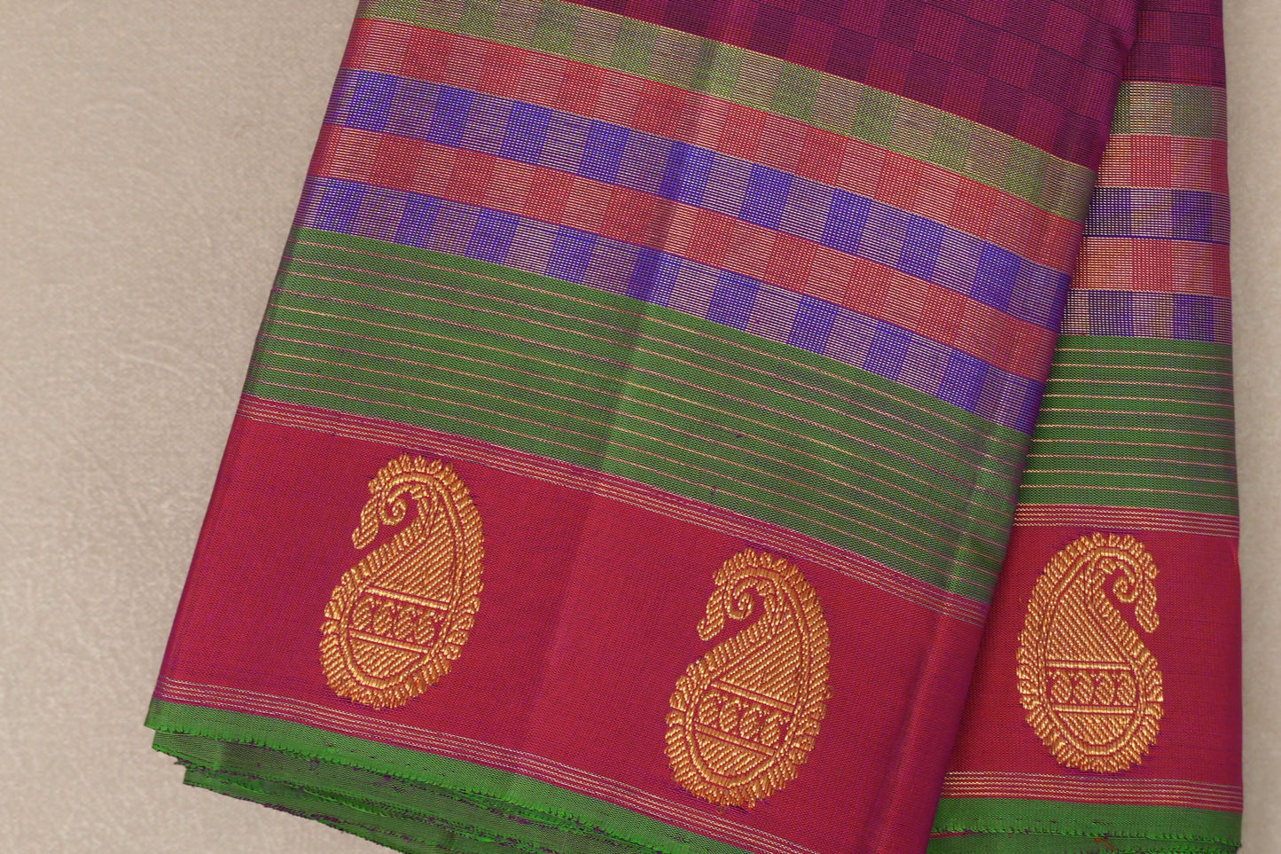 Pink with Blue Checks Vintage Kanjivaram Silk Saree by Shreenivas Silks PSSR019096