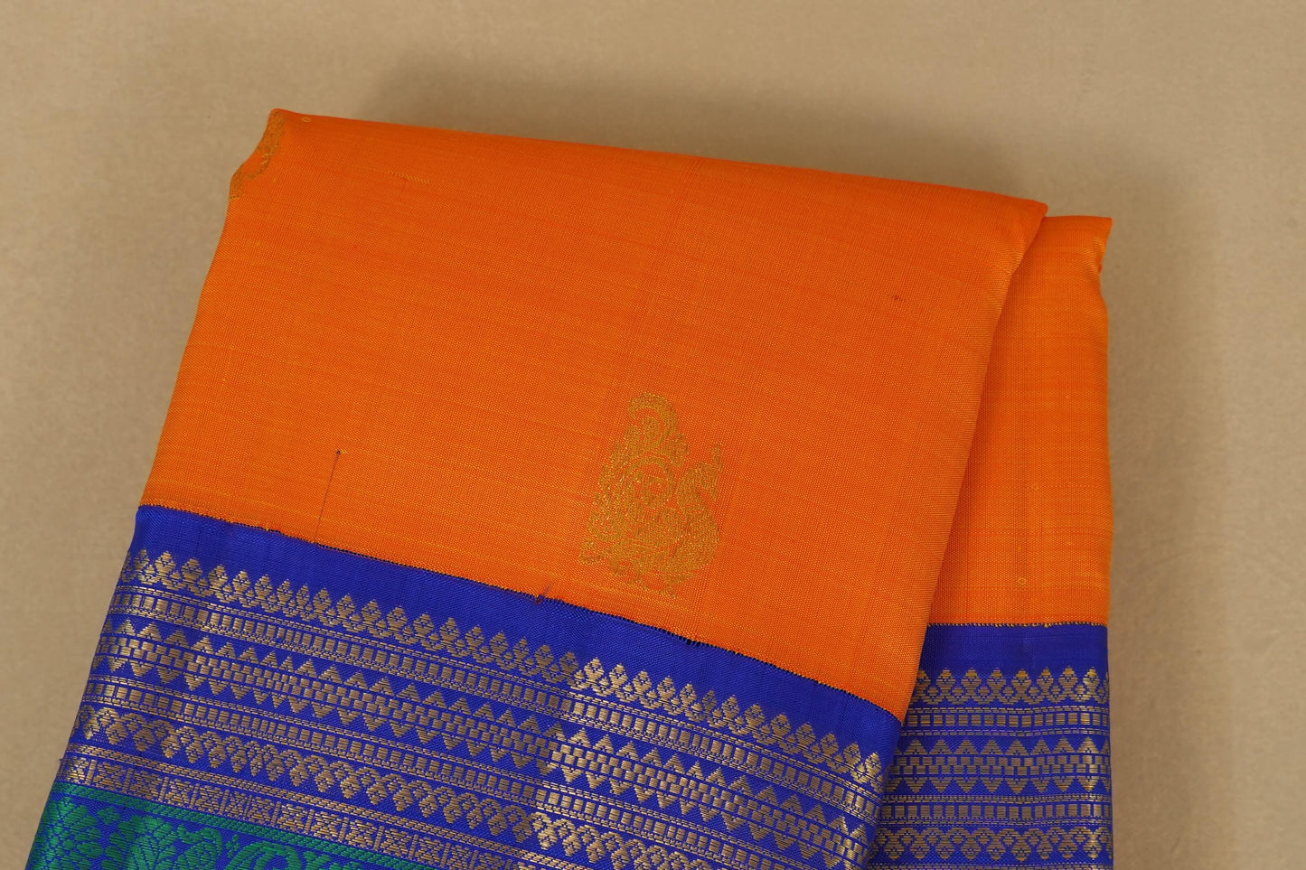 Mango Yellow with Blue Borders Kanjivaram Silk Saree by Shreenivas Silks PSSR018077 - Parisera