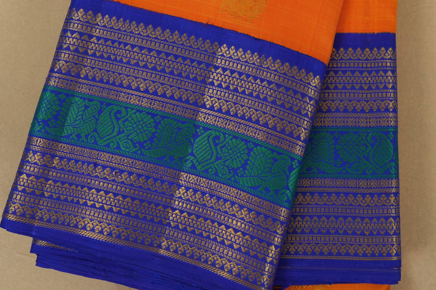 Mango Yellow with Blue Borders Kanjivaram Silk Saree by Shreenivas Silks PSSR018077 - Parisera