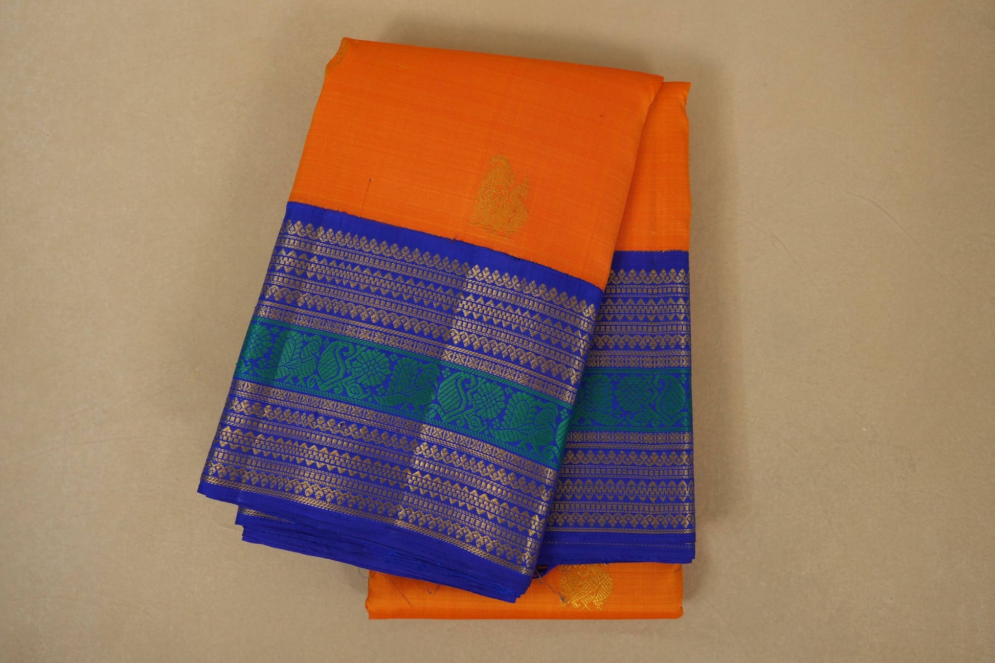 Mango Yellow with Blue Borders Kanjivaram Silk Saree by Shreenivas Silks PSSR018077 - Parisera