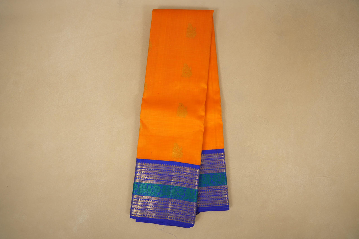 Mango Yellow with Blue Borders Kanjivaram Silk Saree by Shreenivas Silks PSSR018077 - Parisera