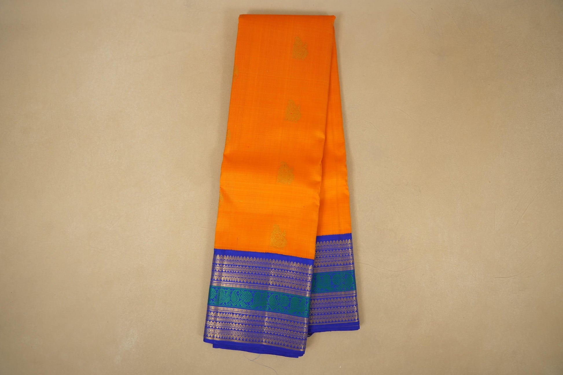 Mango Yellow with Blue Borders Kanjivaram Silk Saree by Shreenivas Silks PSSR018077 - Parisera