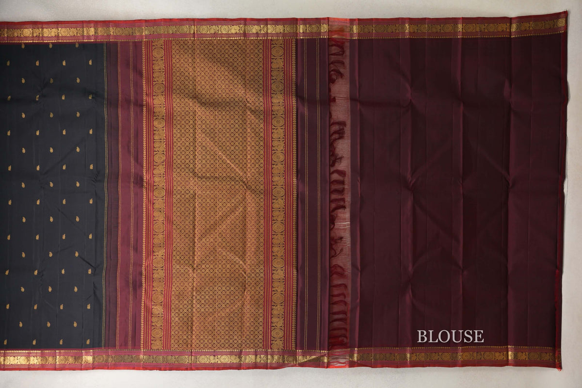 Black with Deep Maroon Borders with Deep Orange Selvedge Vintage Kanjivaram Silk Saree by Shreenivas Silks PSSR0110224