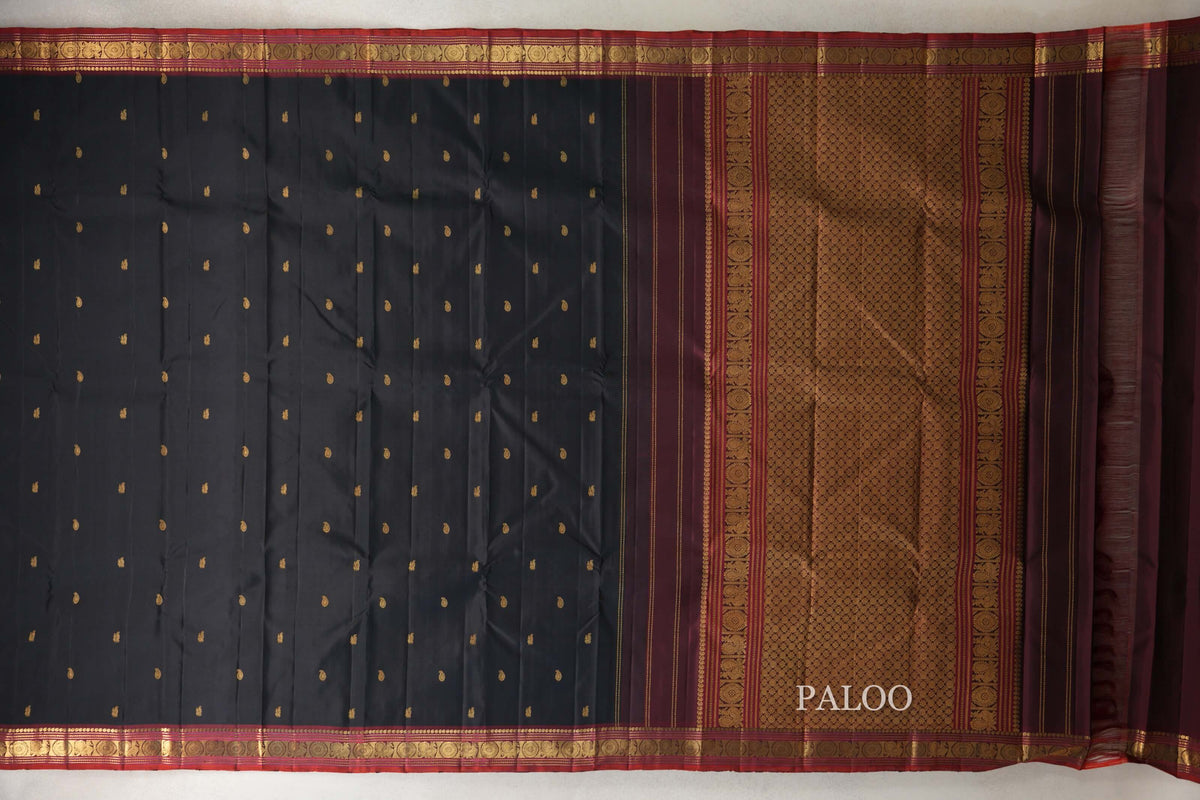 Black with Deep Maroon Borders with Deep Orange Selvedge Vintage Kanjivaram Silk Saree by Shreenivas Silks PSSR0110224