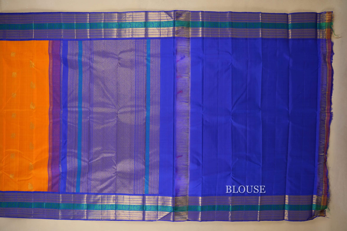 Mango Yellow with Blue Borders Kanjivaram Silk Saree by Shreenivas Silks PSSR018077 - Parisera