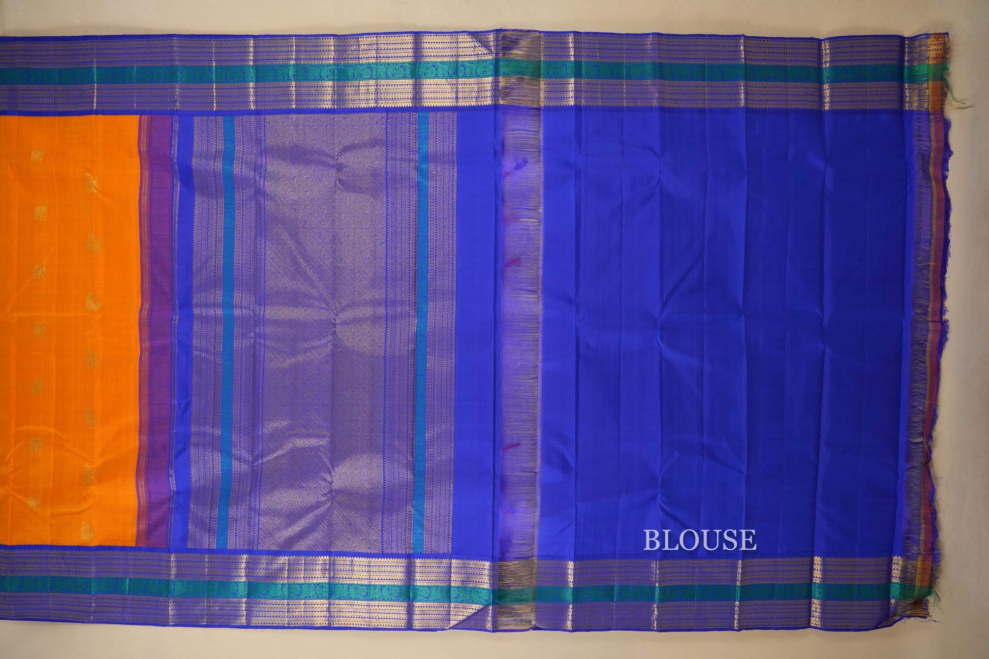 Mango Yellow with Blue Borders Kanjivaram Silk Saree by Shreenivas Silks PSSR018077 - Parisera