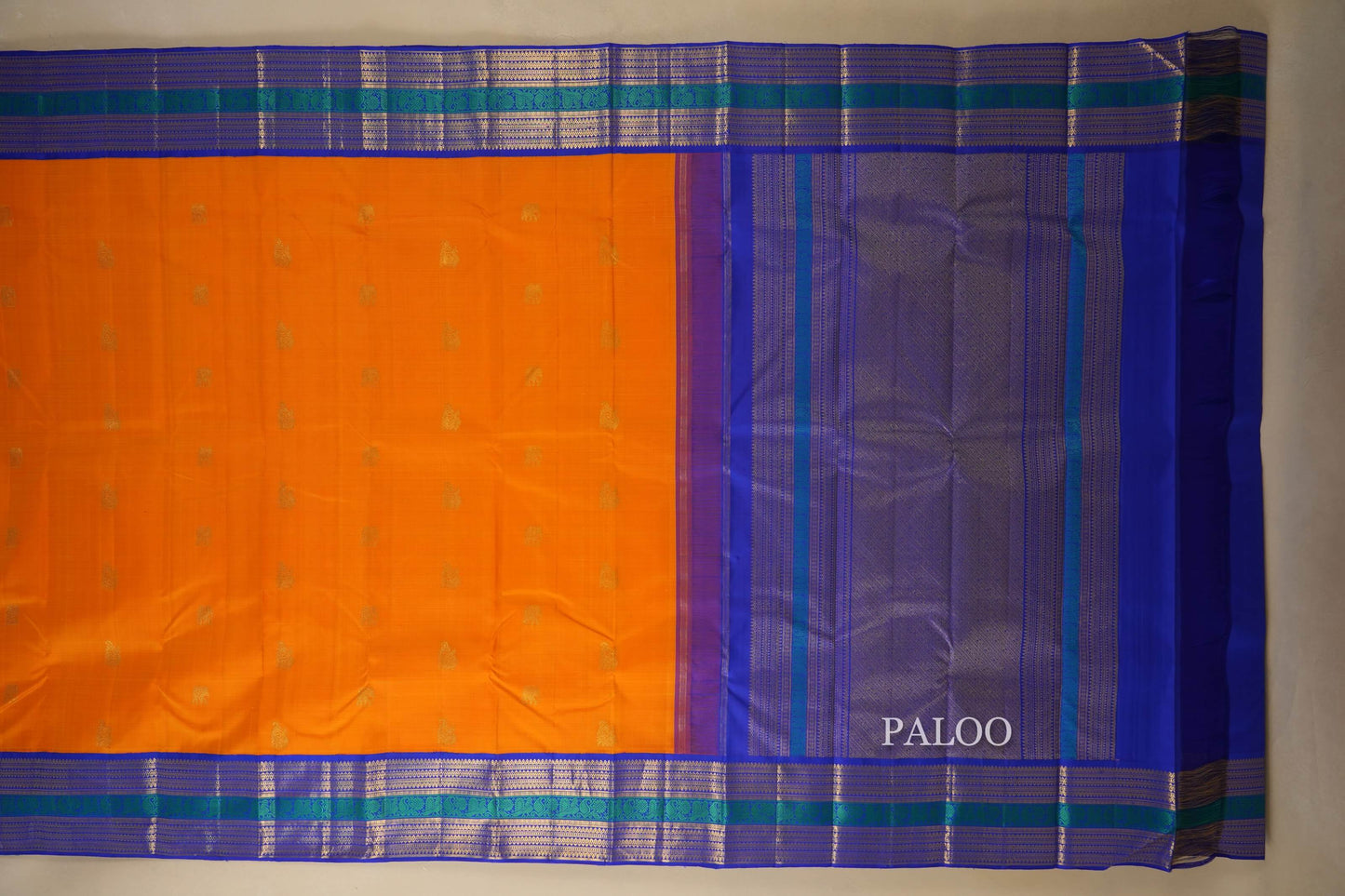 Mango Yellow with Blue Borders Kanjivaram Silk Saree by Shreenivas Silks PSSR018077 - Parisera