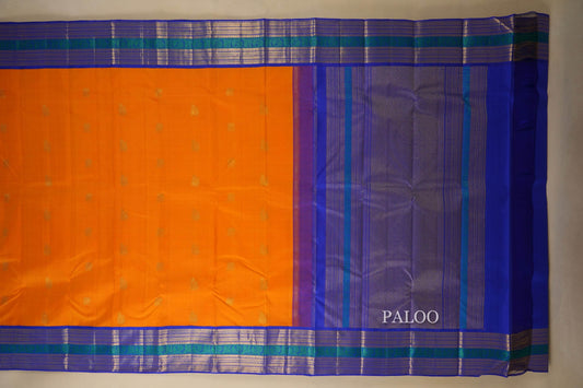 Mango Yellow with Blue Borders Kanjivaram Silk Saree by Shreenivas Silks PSSR018077 - Parisera
