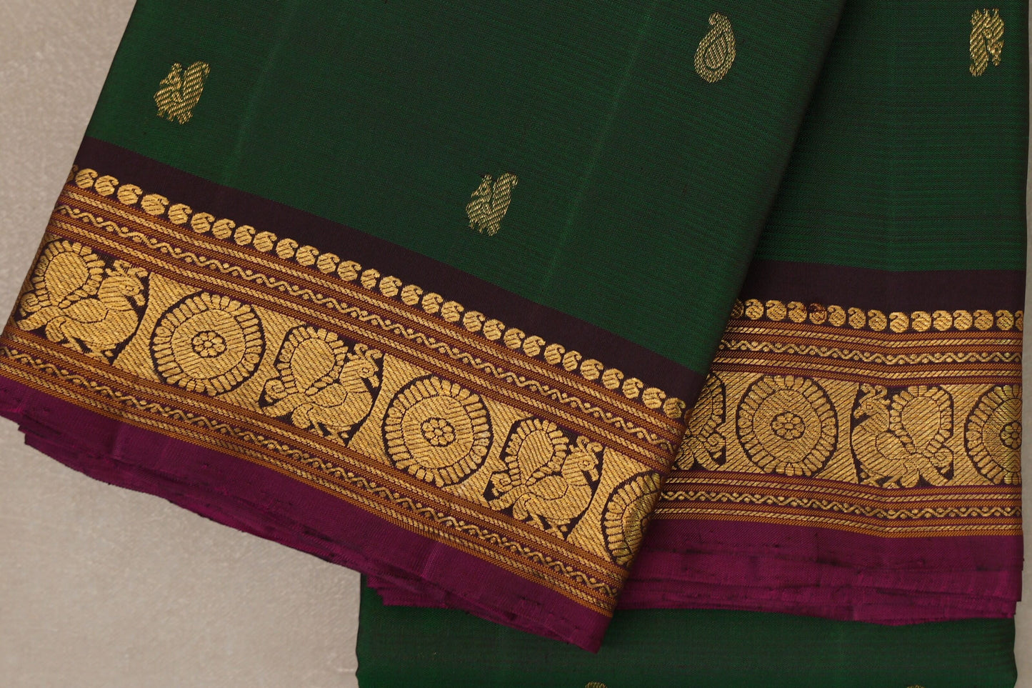 Leaf green with Deep Plum borders Vintage Kanjivaram Silk Saree by Shreenivas Silks PSSR019097