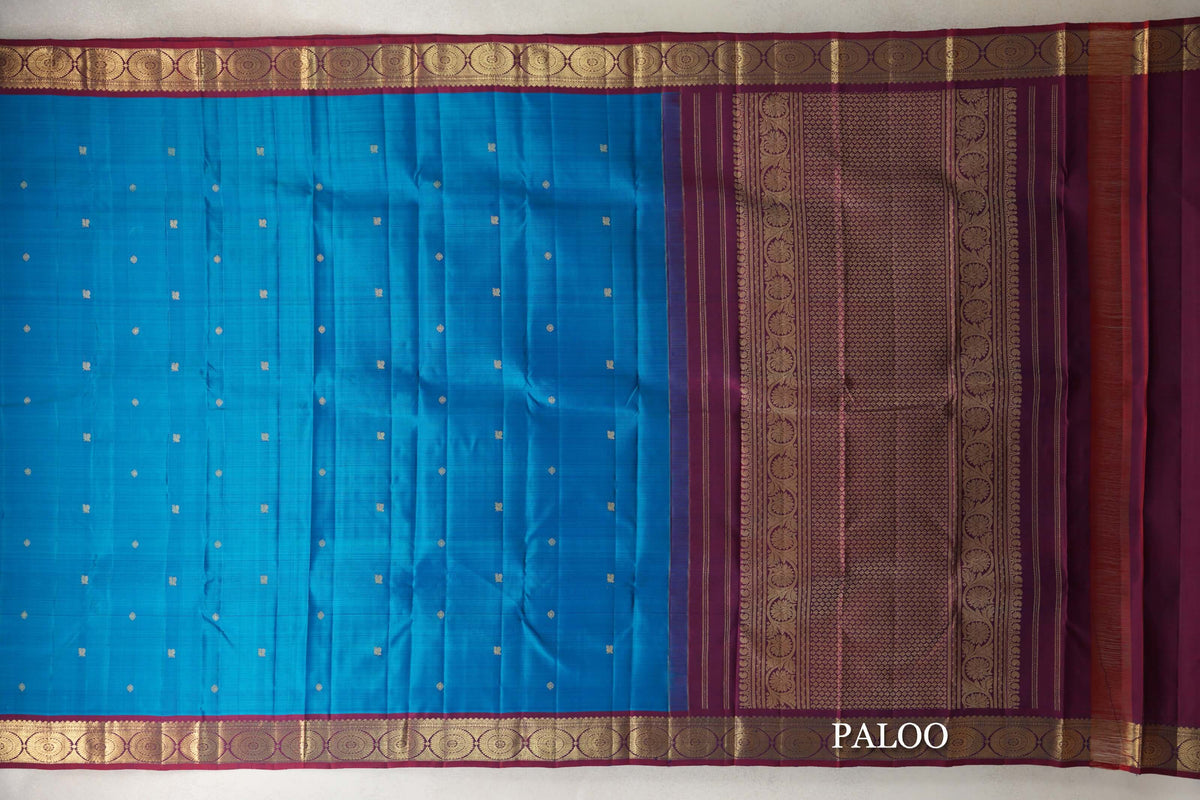 Azure Blue Vintage Kanjivaram Silk Saree paloo