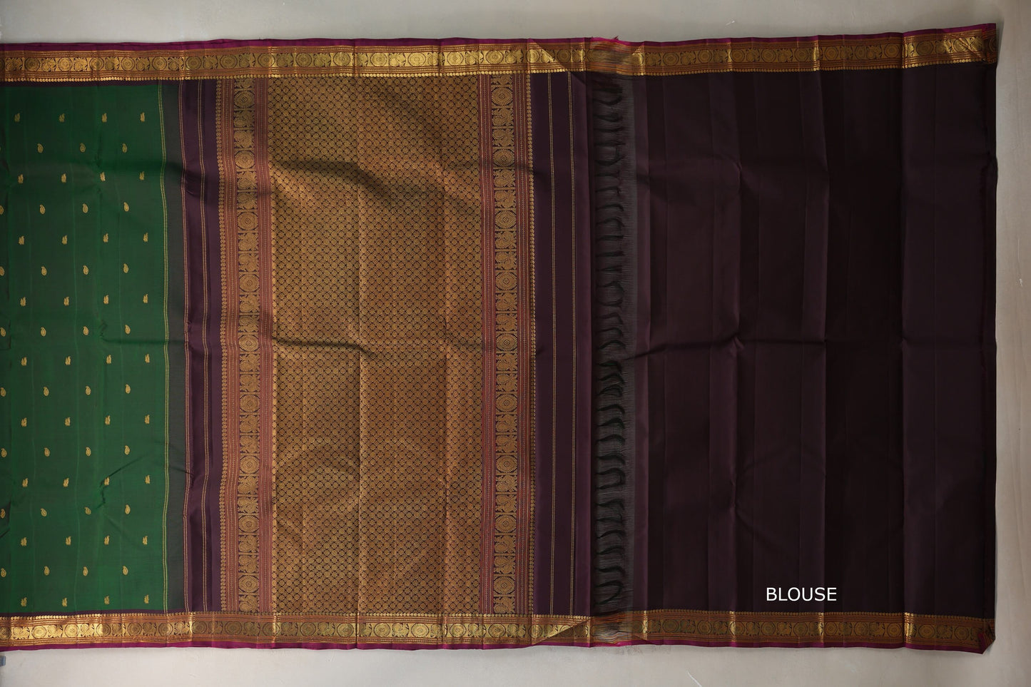 Leaf green with Deep Plum borders Vintage Kanjivaram Silk Saree by Shreenivas Silks PSSR019097