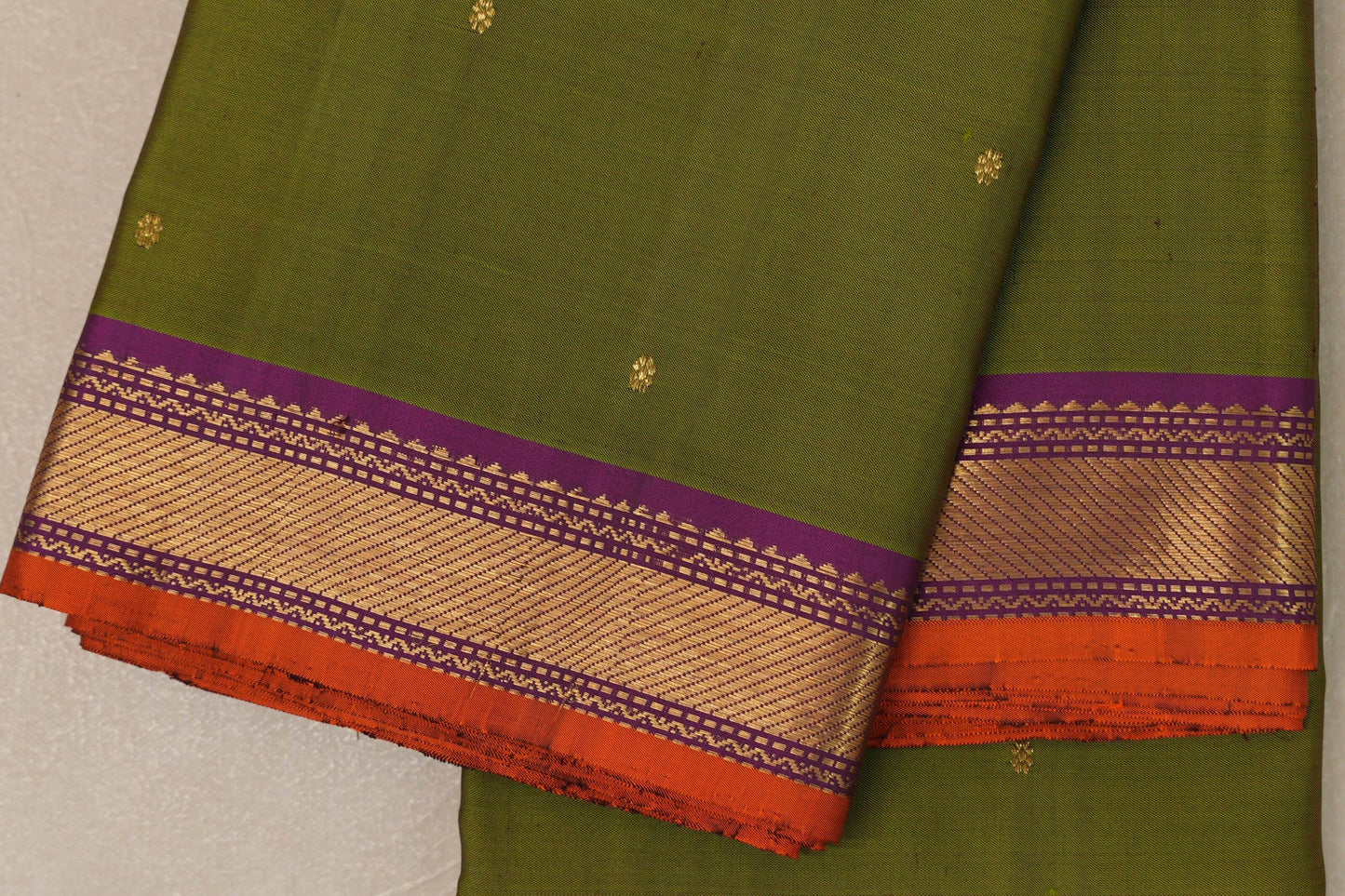 Olive green with Violet Purple borders Vintage Kanjivaram Silk Saree by Shreenivas Silks PSSR019098