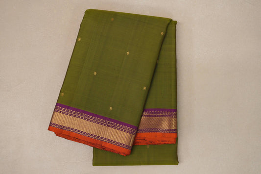 Olive green with Violet Purple borders Vintage Kanjivaram Silk Saree by Shreenivas Silks PSSR019098