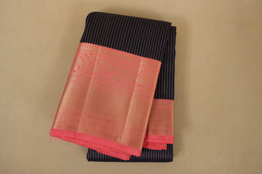 Navy Blue with Peach Borders Kanjivaram Silk Saree by Shreenivas Silks PSSR018080