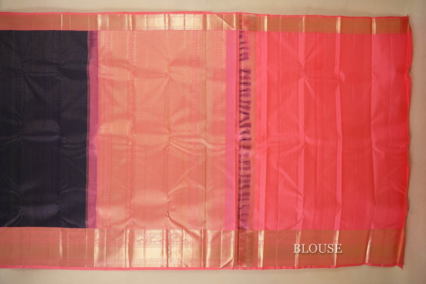 Navy Blue with Peach Borders Kanjivaram Silk Saree by Shreenivas Silks PSSR018080