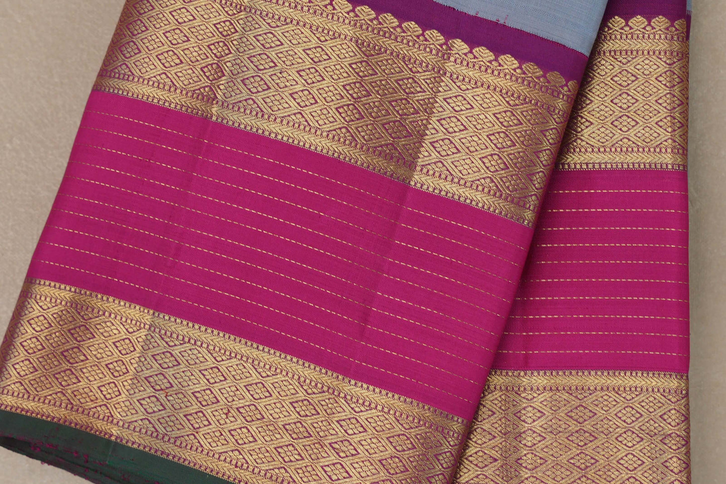 Ash grey with Bright Rani Pink borders Vintage Kanjivaram Silk Saree by Shreenivas Silks PSSR019100