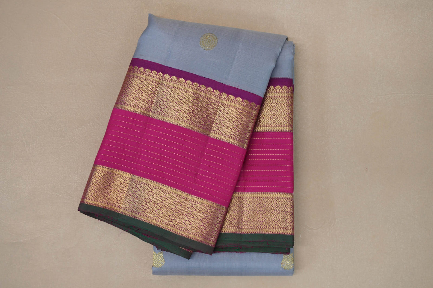 Ash grey with Bright Rani Pink borders Vintage Kanjivaram Silk Saree by Shreenivas Silks PSSR019100