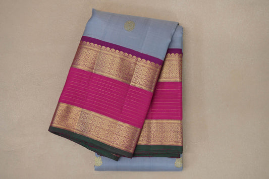 Ash grey with Bright Rani Pink borders Vintage Kanjivaram Silk Saree by Shreenivas Silks PSSR019100
