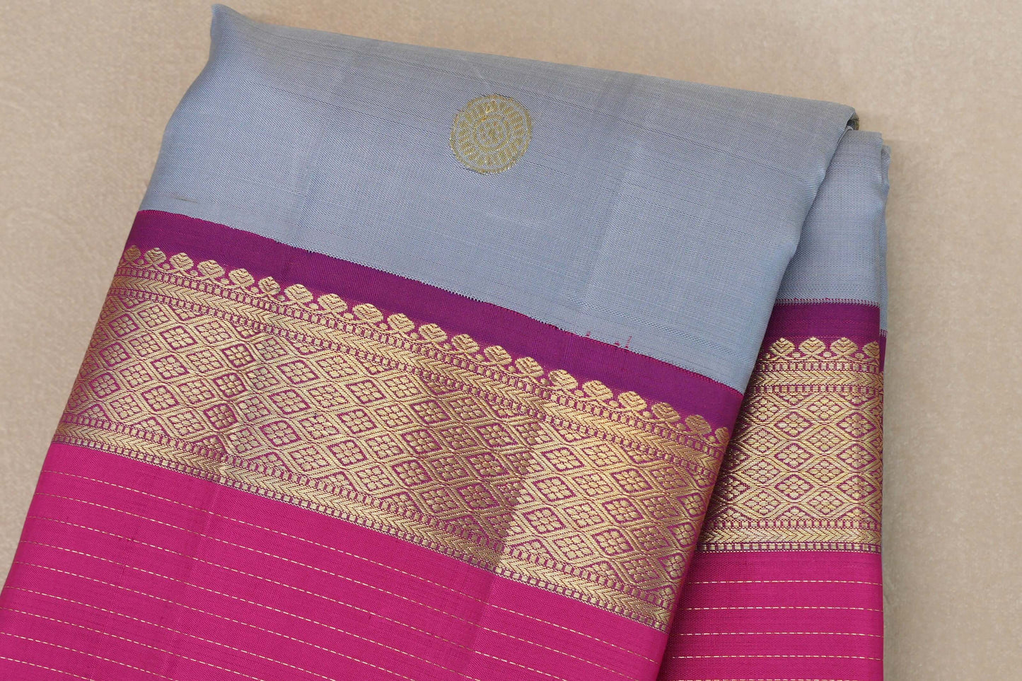 Ash grey with Bright Rani Pink borders Vintage Kanjivaram Silk Saree by Shreenivas Silks PSSR019100